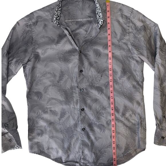 Bugatchi Uomo Gray Palm Tree Leaves Flip Cuff Button Up Long Sleeve Shirt Size M - Picture 11 of 13
